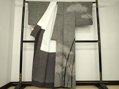平和屋着物●二代目 川村久太郎　訪問着　樹林文　たたき染め　黒地　正絹　逸品　AABK3384ck