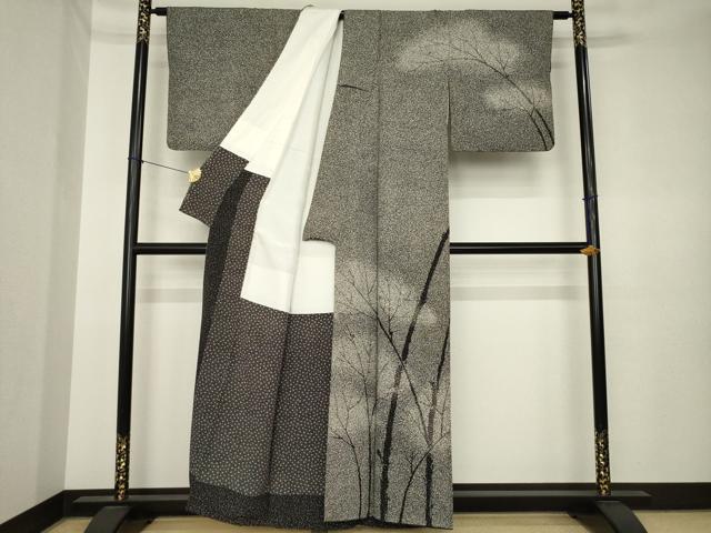 平和屋着物●二代目 川村久太郎　訪問着　樹林文　たたき染め　黒地　正絹　逸品　AABK3384ck