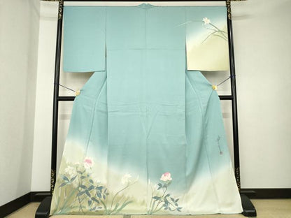 平和屋着物●二代目清次郎　手描き　訪問着　刺繍　草花文　暈し染め　ロング丈　正絹　逸品　AABK3386ck