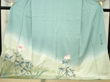平和屋着物●二代目清次郎　手描き　訪問着　刺繍　草花文　暈し染め　ロング丈　正絹　逸品　AABK3386ck