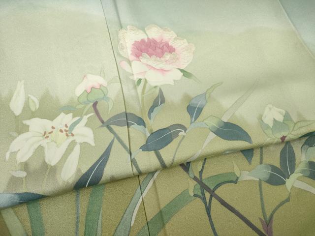 平和屋着物●二代目清次郎　手描き　訪問着　刺繍　草花文　暈し染め　ロング丈　正絹　逸品　AABK3386ck
