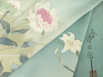 平和屋着物●二代目清次郎　手描き　訪問着　刺繍　草花文　暈し染め　ロング丈　正絹　逸品　AABK3386ck