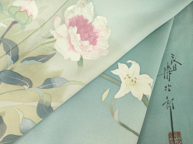 平和屋着物●二代目清次郎　手描き　訪問着　刺繍　草花文　暈し染め　ロング丈　正絹　逸品　AABK3386ck