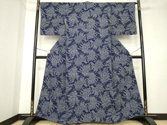 平和屋着物●上質な小紋　藍　型染め　菊　そごう扱い　正絹　逸品　AABK3391ck