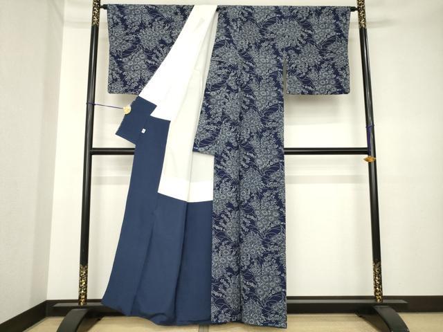 平和屋着物●上質な小紋　藍　型染め　菊　そごう扱い　正絹　逸品　AABK3391ck