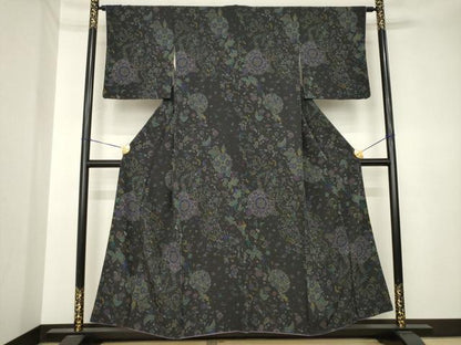 平和屋着物●上質な小紋　更紗飾花文　蝋色地　やまと誂製　正絹　逸品　AABK3392ck