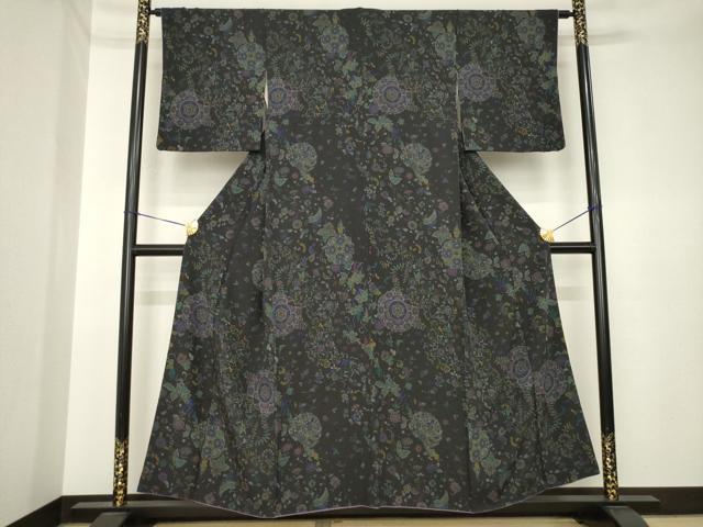 平和屋着物●上質な小紋　更紗飾花文　蝋色地　やまと誂製　正絹　逸品　AABK3392ck