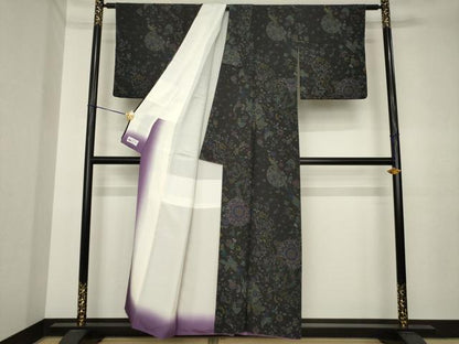 平和屋着物●上質な小紋　更紗飾花文　蝋色地　やまと誂製　正絹　逸品　AABK3392ck