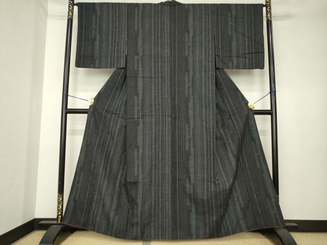 平和屋着物●結城紬　100亀甲　エ霞間道　黒地　正絹　逸品　AABK3393ck