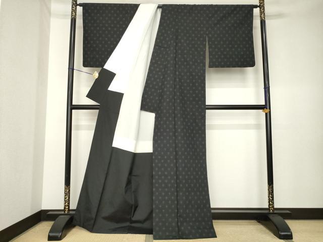 平和屋着物●上質な紬　幾何学文様　黒地　正絹　逸品　AABK3400ck