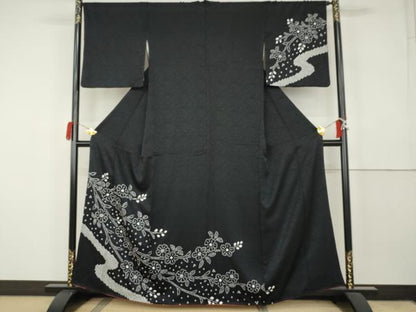 平和屋着物●訪問着　総絞り　流水枝花文　黒地　正絹　逸品　AABK3405cs