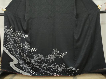 平和屋着物●訪問着　総絞り　流水枝花文　黒地　正絹　逸品　AABK3405cs