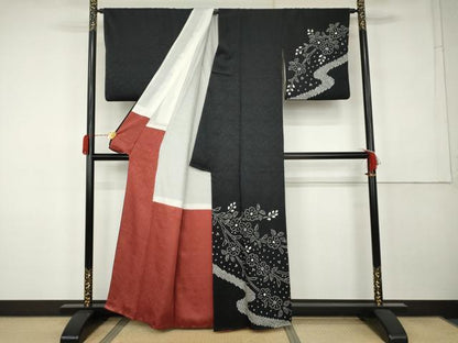 平和屋着物●訪問着　総絞り　流水枝花文　黒地　正絹　逸品　AABK3405cs