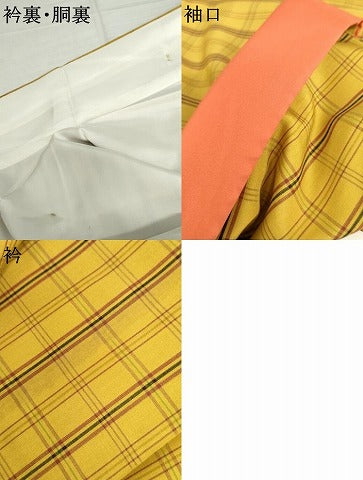 平和屋着物●黄八丈　紬　平織　格子　正絹　逸品　AABK3415cs