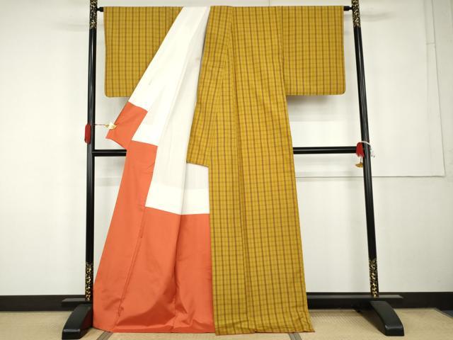 平和屋着物●黄八丈　紬　平織　格子　正絹　逸品　AABK3415cs