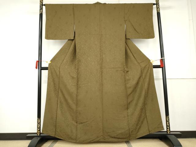 平和屋着物●上質な色無地　花唐草地紋　海松色　正絹　逸品　AABK3437cs