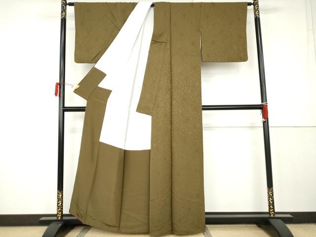平和屋着物●上質な色無地　花唐草地紋　海松色　正絹　逸品　AABK3437cs