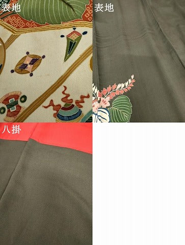 平和屋本店●アンティーク　大正ロマン　振袖　鳳凰吉祥草花文　黒地　金彩　正絹　逸品　AABK3444cs