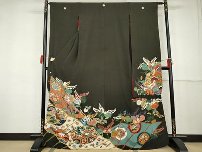 平和屋本店●アンティーク　大正ロマン　振袖　鳳凰吉祥草花文　黒地　金彩　正絹　逸品　AABK3444cs