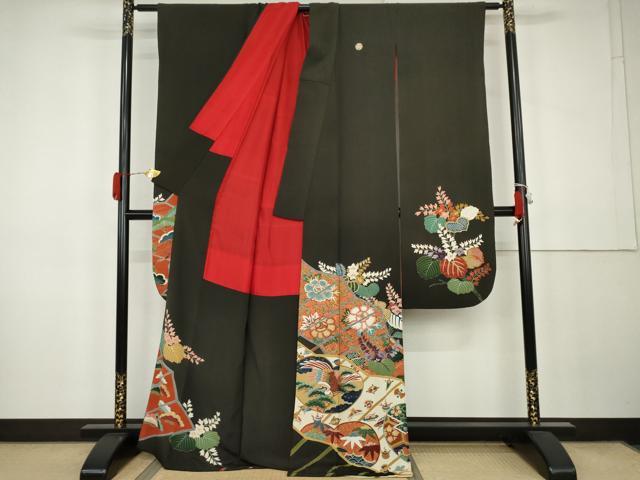 平和屋本店●アンティーク　大正ロマン　振袖　鳳凰吉祥草花文　黒地　金彩　正絹　逸品　AABK3444cs