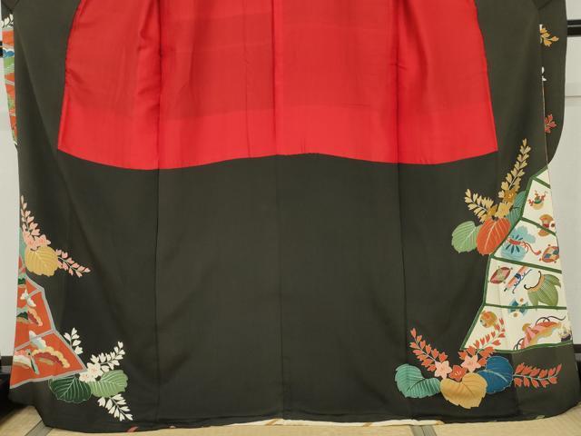 平和屋本店●アンティーク　大正ロマン　振袖　鳳凰吉祥草花文　黒地　金彩　正絹　逸品　AABK3444cs