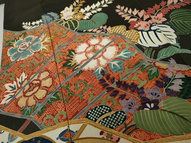 平和屋本店●アンティーク　大正ロマン　振袖　鳳凰吉祥草花文　黒地　金彩　正絹　逸品　AABK3444cs
