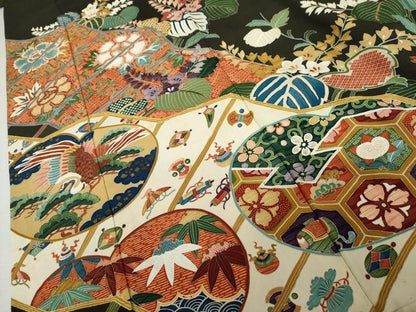 平和屋本店●アンティーク　大正ロマン　振袖　鳳凰吉祥草花文　黒地　金彩　正絹　逸品　AABK3444cs