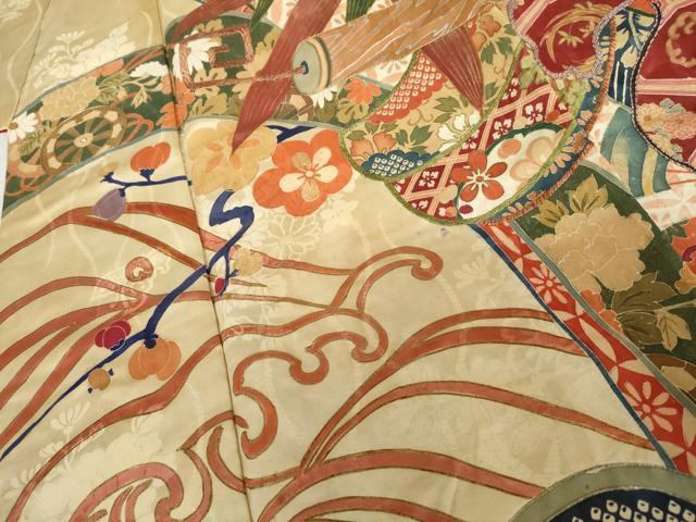 平和屋本店●アンティーク　大正ロマン　お引きずり・お引き摺り・引き振袖　駒刺繍　立波飛鶴宝尽くし　金銀彩　正絹　逸品　AABK3445cs