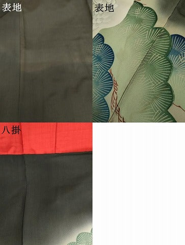平和屋本店●アンティーク　大正ロマン　振袖　刺繍　孔雀草花文　暈し染め　黒地　正絹　逸品　AABK3446cs