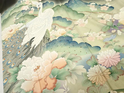 平和屋本店●アンティーク　大正ロマン　振袖　刺繍　孔雀草花文　暈し染め　黒地　正絹　逸品　AABK3446cs
