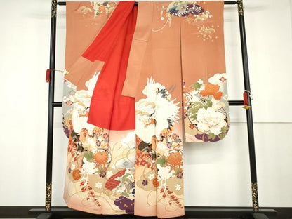 平和屋本店●アンティーク　大正ロマン　振袖　駒刺繍　飛鶴草花文　暈し染め　金糸　金彩　正絹　逸品　AABK3447cs