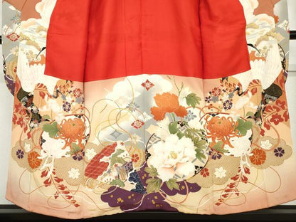 平和屋本店●アンティーク　大正ロマン　振袖　駒刺繍　飛鶴草花文　暈し染め　金糸　金彩　正絹　逸品　AABK3447cs