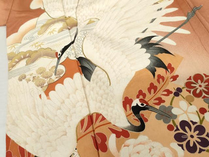 平和屋本店●アンティーク　大正ロマン　振袖　駒刺繍　飛鶴草花文　暈し染め　金糸　金彩　正絹　逸品　AABK3447cs