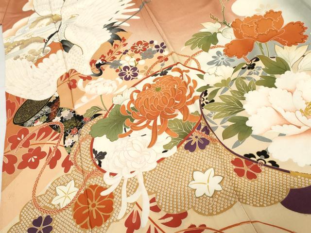 平和屋本店●アンティーク　大正ロマン　振袖　駒刺繍　飛鶴草花文　暈し染め　金糸　金彩　正絹　逸品　AABK3447cs