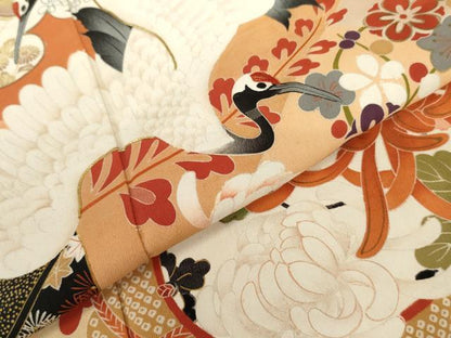 平和屋本店●アンティーク　大正ロマン　振袖　駒刺繍　飛鶴草花文　暈し染め　金糸　金彩　正絹　逸品　AABK3447cs