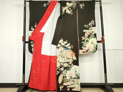 平和屋本店●アンティーク　大正ロマン　振袖　刺繍　檜扇鳳凰草花文　黒地　金彩　正絹　逸品　AABK3448cs