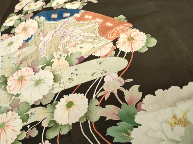 平和屋本店●アンティーク　大正ロマン　振袖　刺繍　檜扇鳳凰草花文　黒地　金彩　正絹　逸品　AABK3448cs