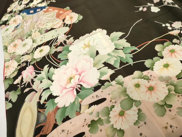 平和屋本店●アンティーク　大正ロマン　振袖　刺繍　檜扇鳳凰草花文　黒地　金彩　正絹　逸品　AABK3448cs