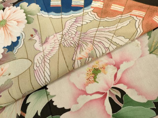 平和屋本店●アンティーク　大正ロマン　振袖　刺繍　檜扇鳳凰草花文　黒地　金彩　正絹　逸品　AABK3448cs