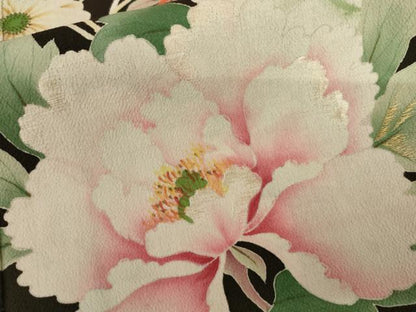 平和屋本店●アンティーク　大正ロマン　振袖　刺繍　檜扇鳳凰草花文　黒地　金彩　正絹　逸品　AABK3448cs