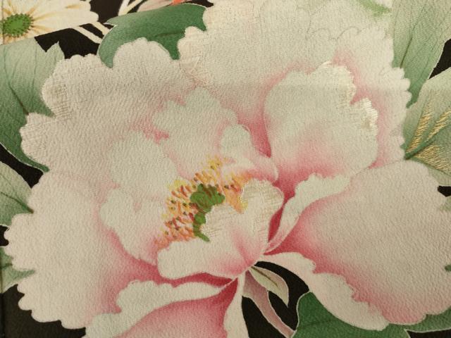 平和屋本店●アンティーク　大正ロマン　振袖　刺繍　檜扇鳳凰草花文　黒地　金彩　正絹　逸品　AABK3448cs
