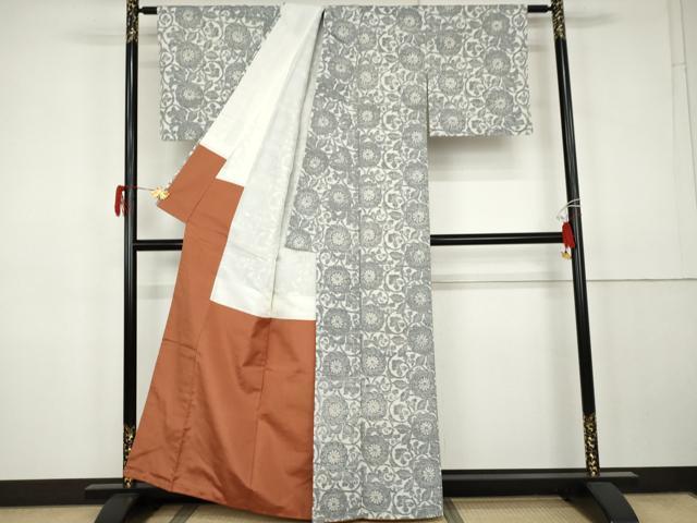 平和屋着物●繭里紬　手織り　菊唐草文　反端付き　正絹　逸品　AABK3455cs