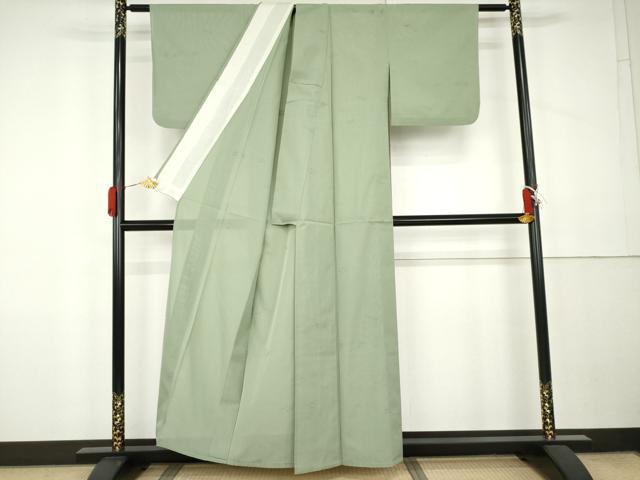 平和屋着物＊上質な色無地　琉球絣紋紗　山葵色　正絹　逸品　AABK3471cs