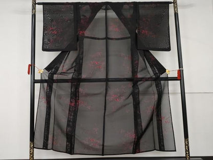 平和屋着物＊夏物　小紋　風通紗　枝葉文　黒地　正絹　逸品　未使用　AABK3474cs