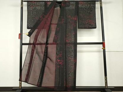 平和屋着物＊夏物　小紋　風通紗　枝葉文　黒地　正絹　逸品　未使用　AABK3474cs