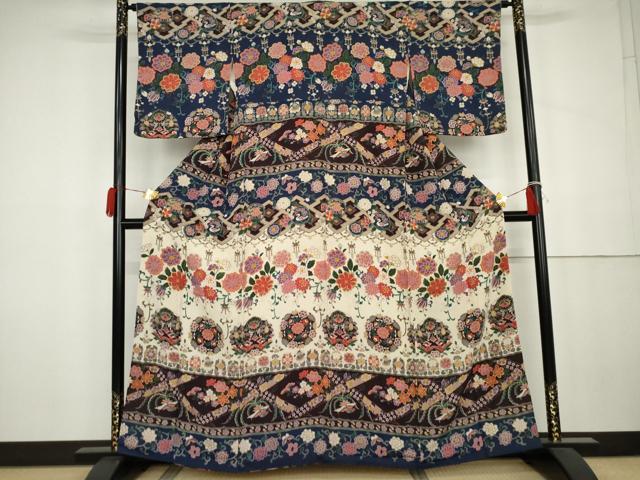 平和屋着物●訪問着　鳳凰草花文　金彩　鬼しぼ縮緬　正絹　逸品　AABK3519cs