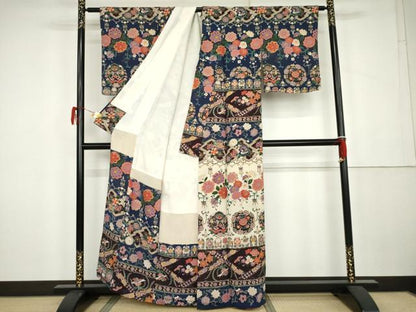 平和屋着物●訪問着　鳳凰草花文　金彩　鬼しぼ縮緬　正絹　逸品　AABK3519cs