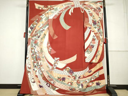 平和屋着物●豪華振袖　束ね熨斗鳳凰花文　金彩　ロング丈　正絹　逸品　AABK3526cs