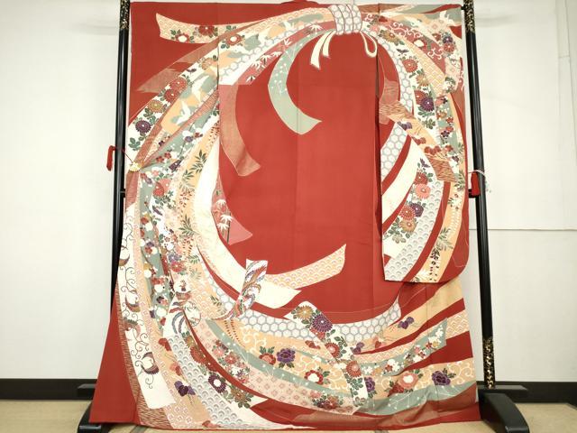 平和屋着物●豪華振袖　束ね熨斗鳳凰花文　金彩　ロング丈　正絹　逸品　AABK3526cs