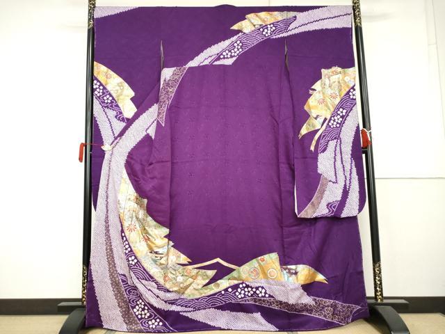 平和屋着物●豪華振袖　絞り　御所車花蝶丸文　金銀彩　さが美扱い　正絹　逸品　未使用　AABK3529cs